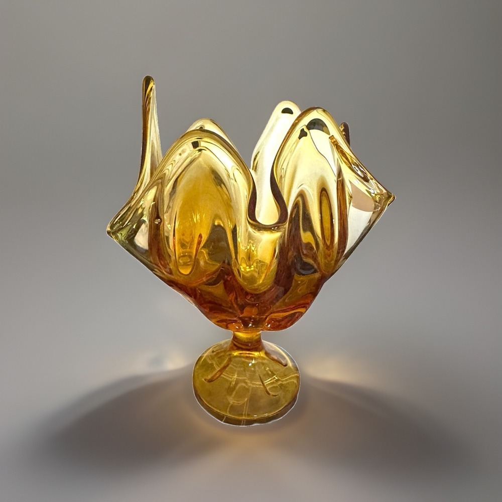 Viking Amber Art Glass Handkerchief Vase Six Petal Pedestal Mid Century 7.75" T - Picture 2 of 12